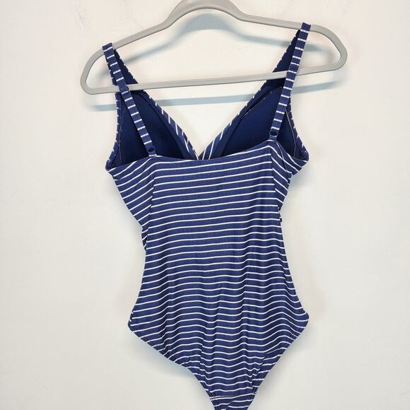 Niptuck One Piece Swim Suit Size 8 Blue White Striped Multi Fit Cup Ruched Waist - Picture 2 of 10